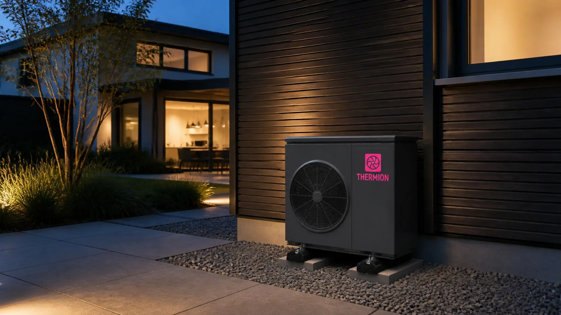 Thermion Wärmepumpe an der Holzfassade eines modernen Wohnhauses in der Abenddämmerung